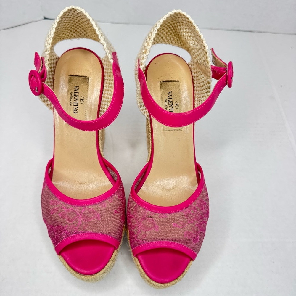 VALENTINO Pink Lace Espadrille Wedges Size 37 - Picture 3 of 7